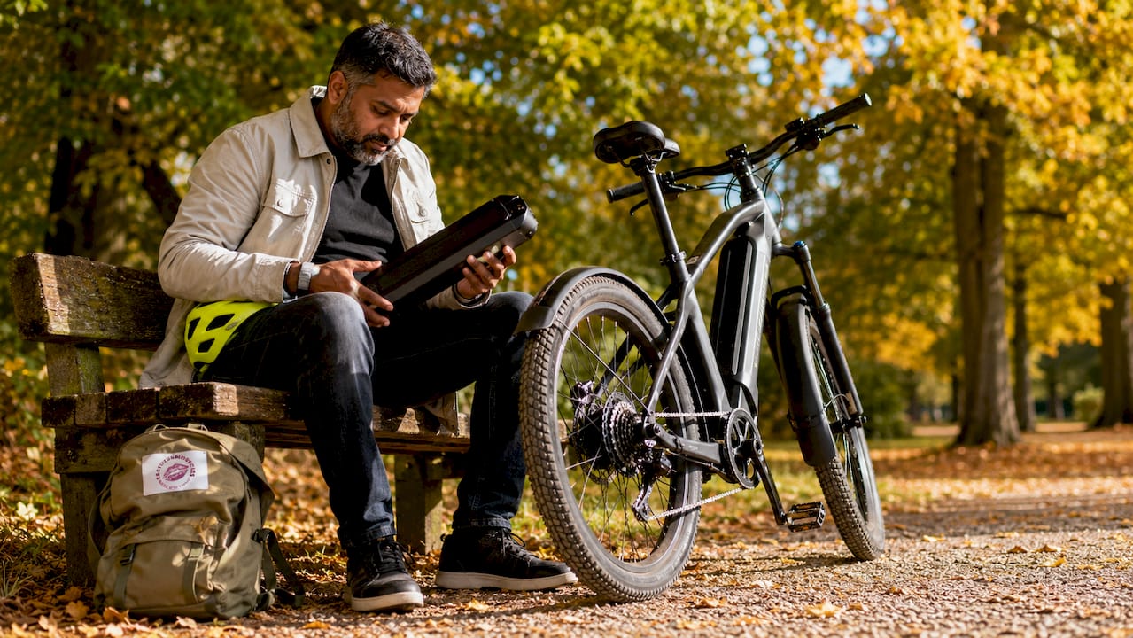 Man inspecting e-bike battery outdoors