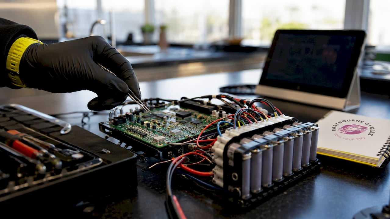 Close-up of e-bike BMS circuit and technician's hand