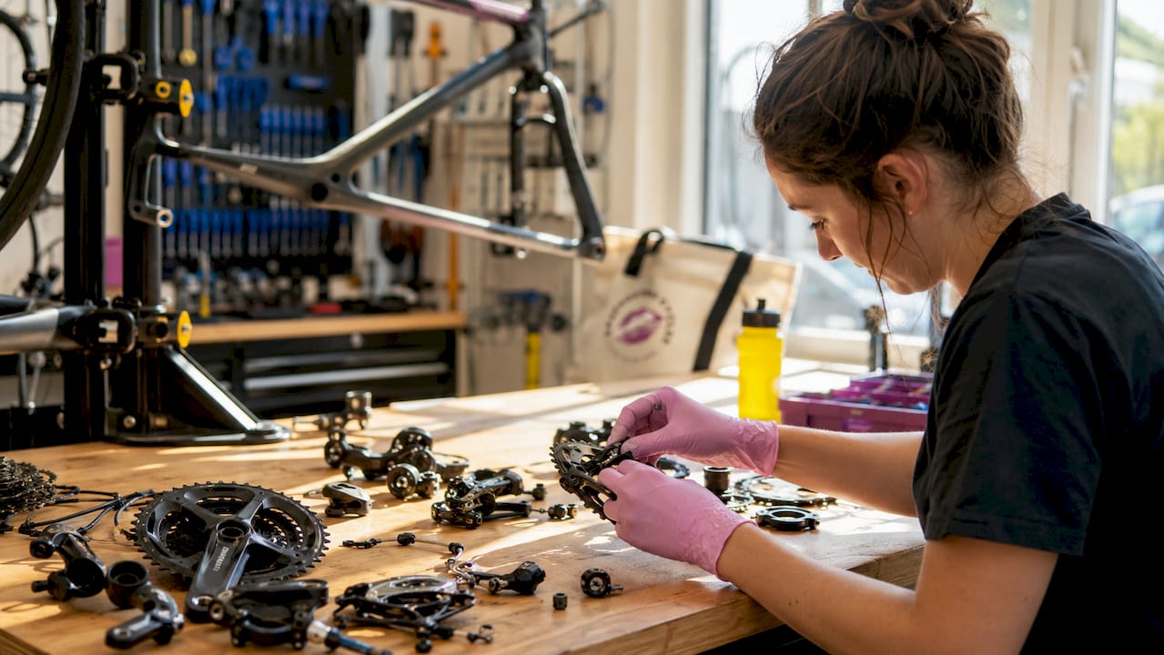 Technician disassembling bike for full service