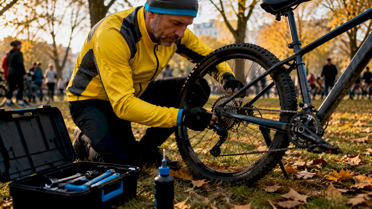 Man adjusting mountain bike outdoors in winter