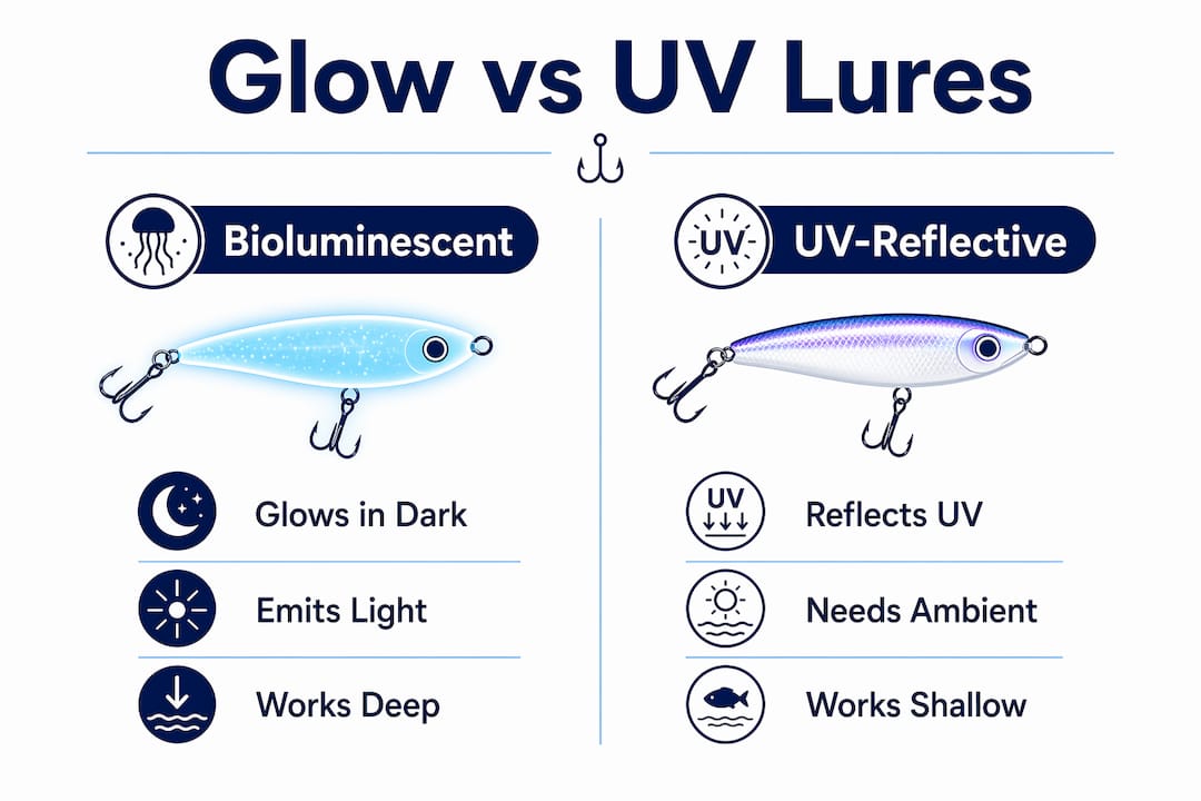 Infographic comparing bioluminescent and UV fishing lures