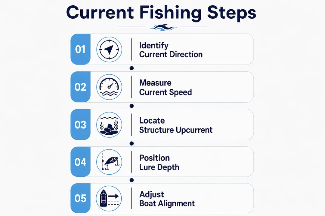 Infographic outlining steps to adjust lure placement for currents