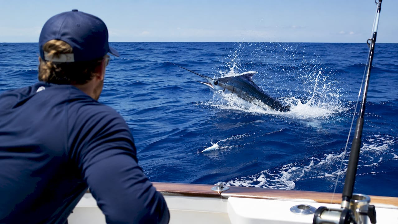 Blue marlin leaping near lure offshore