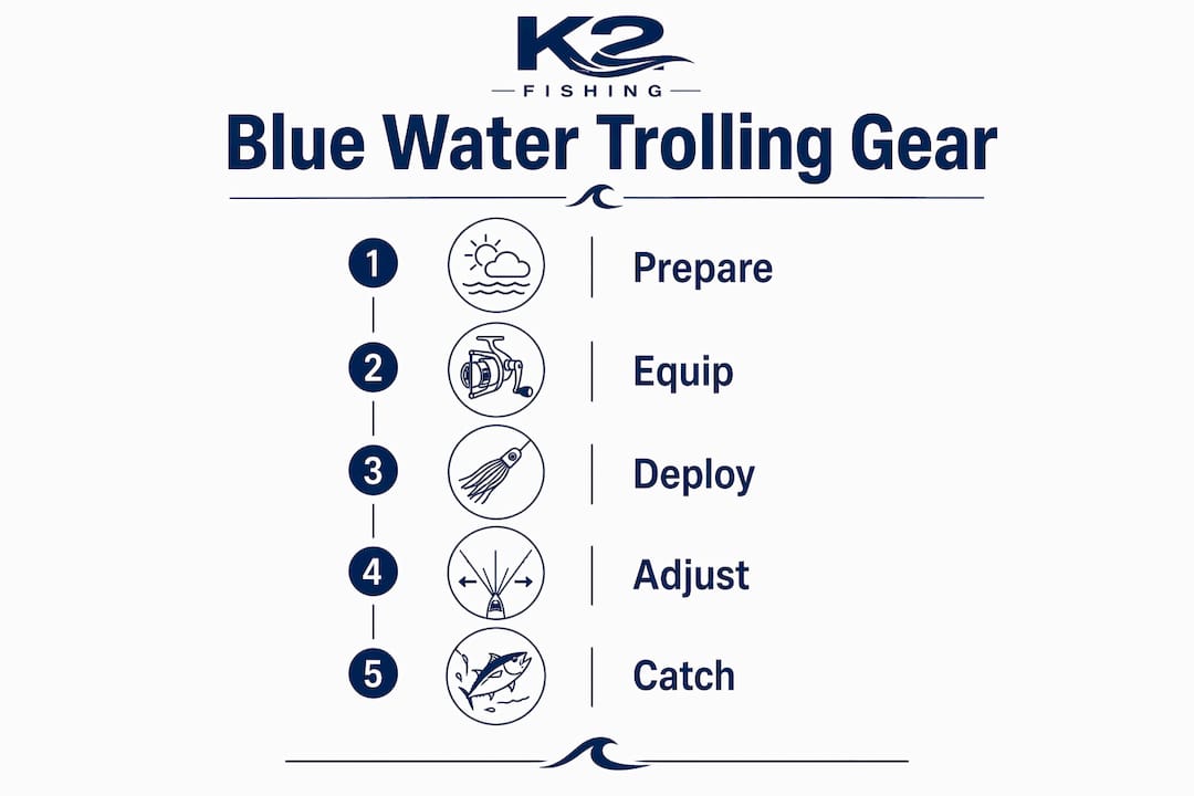 Infographic showing key steps in blue water trolling