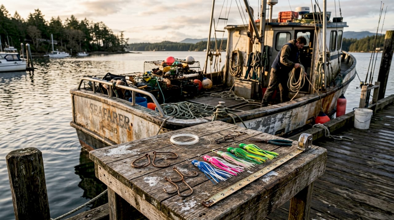 Close-up assortment of hooks and lure rigging tools