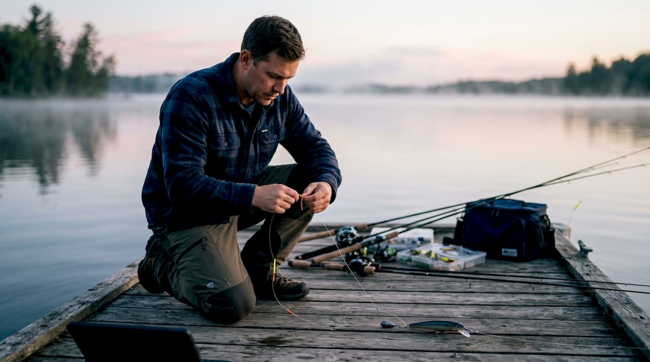 Hands tying fishing line with lure and sinker