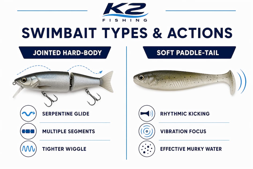 Infographic comparing jointed and soft paddle-tail swimbaits