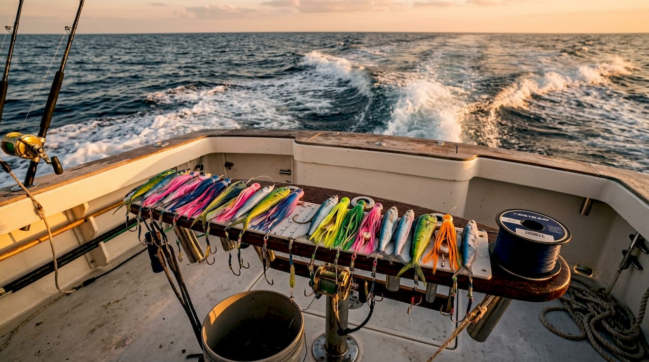 Close-up offshore lure spread mimicking bait school