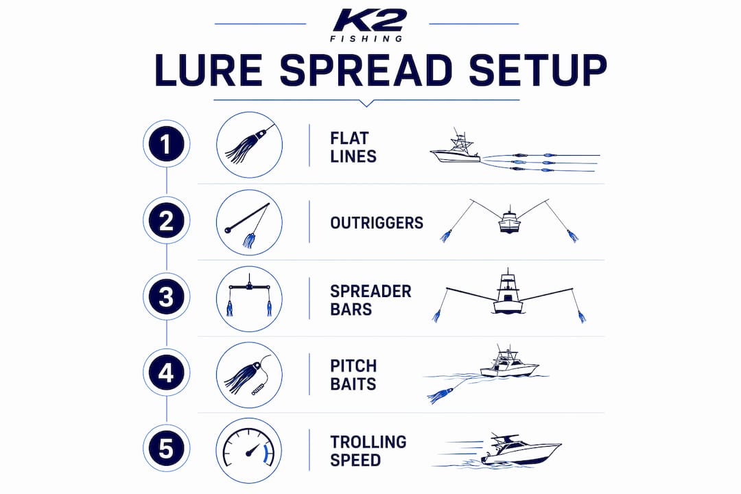 Infographic illustrating steps of offshore lure spread setup