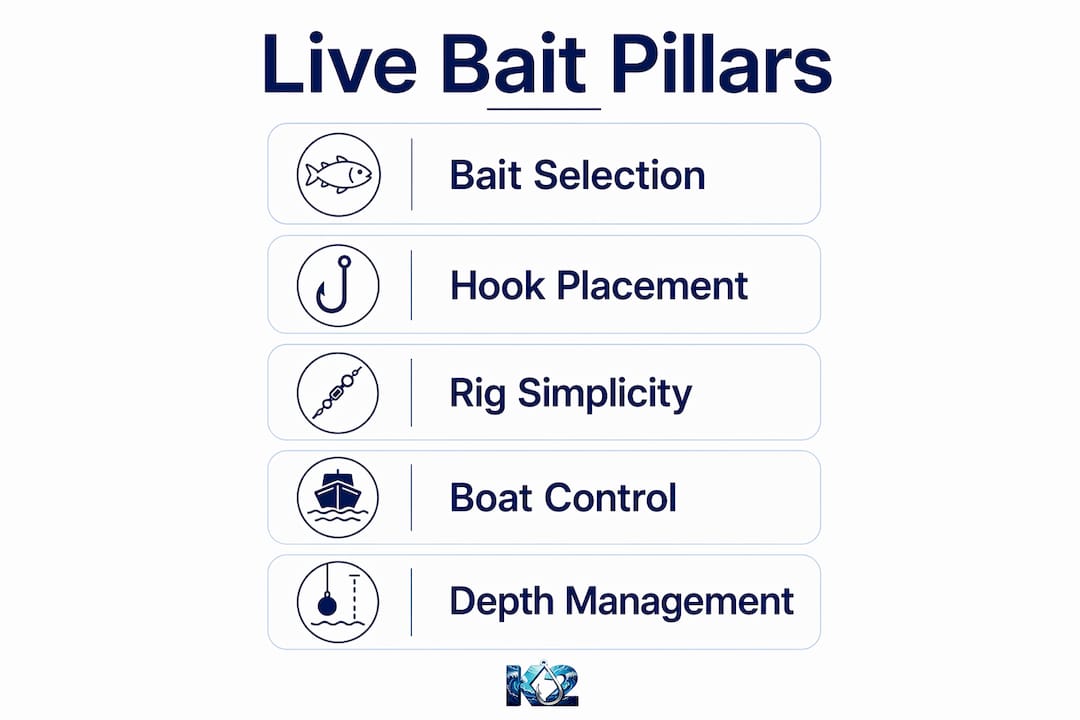Infographic illustrating key live bait fishing components