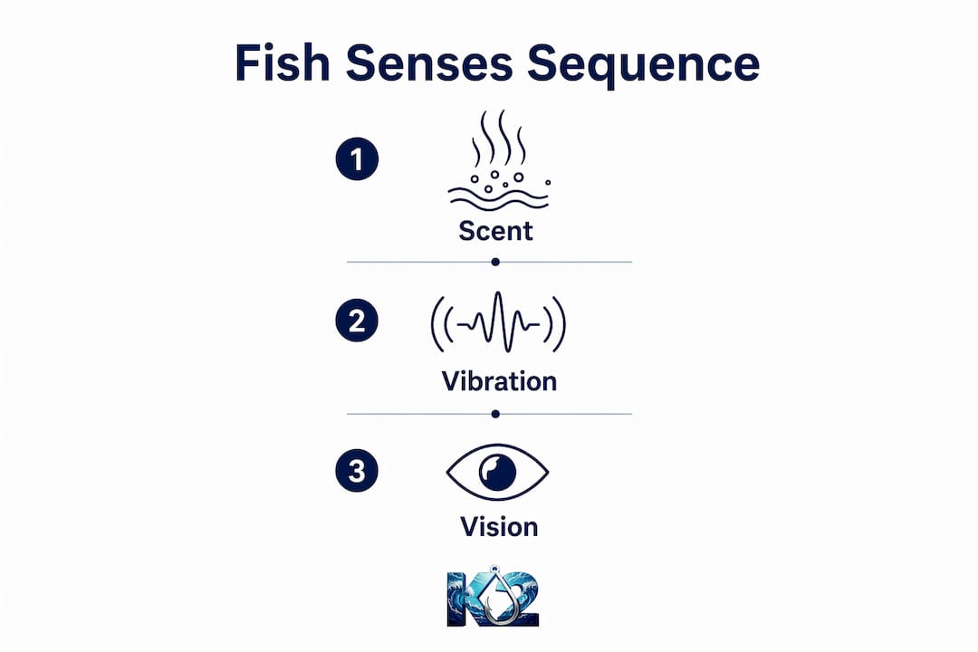 Infographic illustrating fish senses in lure selection sequence