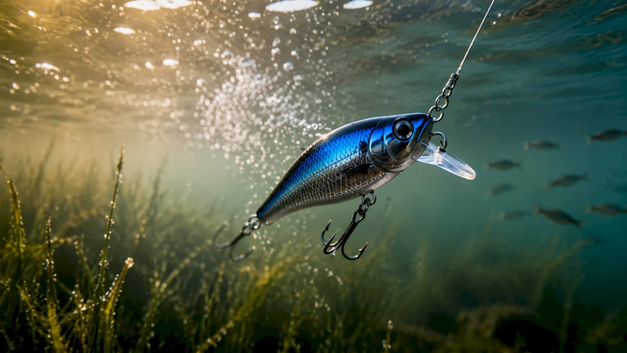 Underwater close-up of vibrating fishing lure