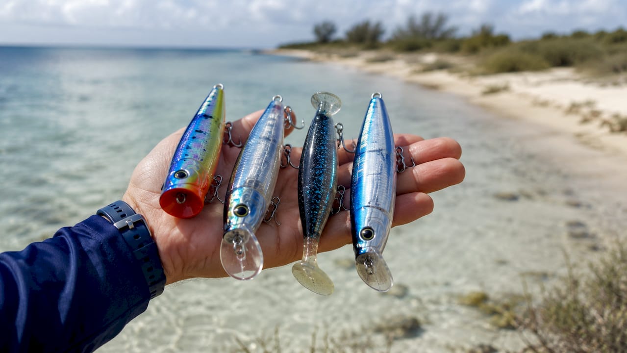 Hand holding four key big game fishing lure types
