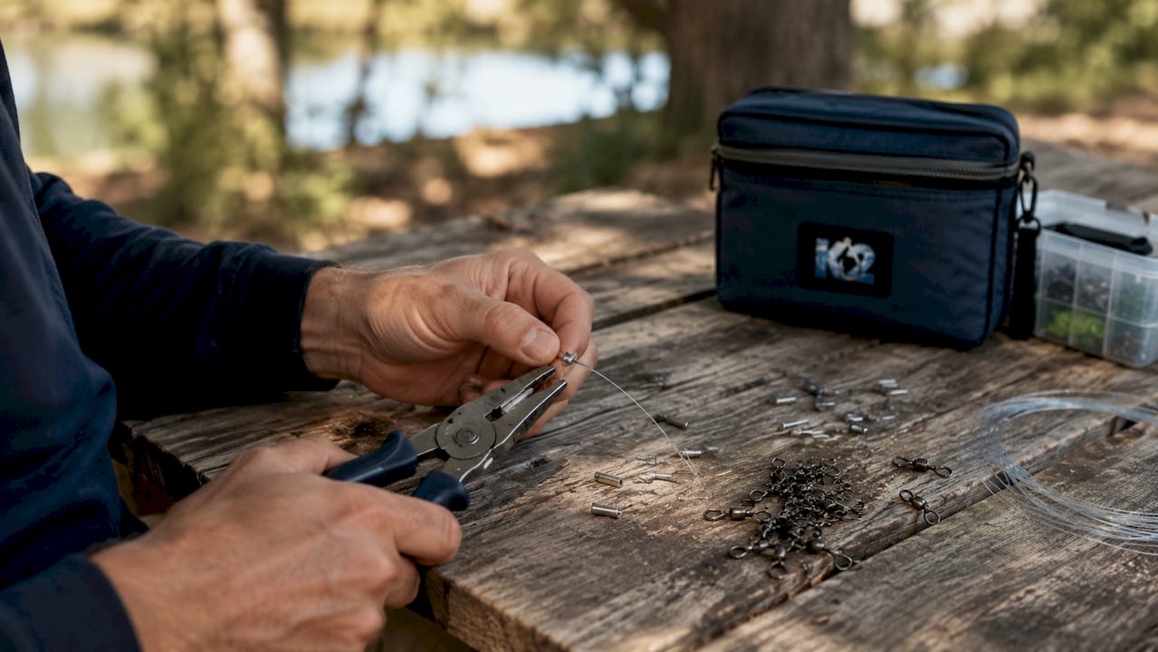 Hands using crimping pliers rigging fishing lure