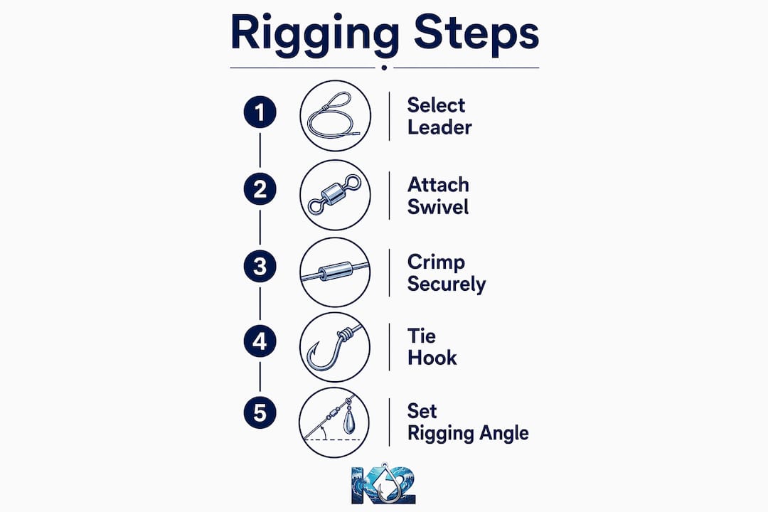 Infographic showing steps to rig trolling lures