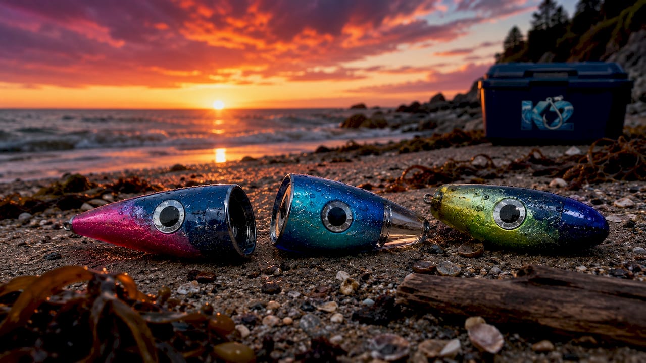 Three trolling lure heads on wooden dock