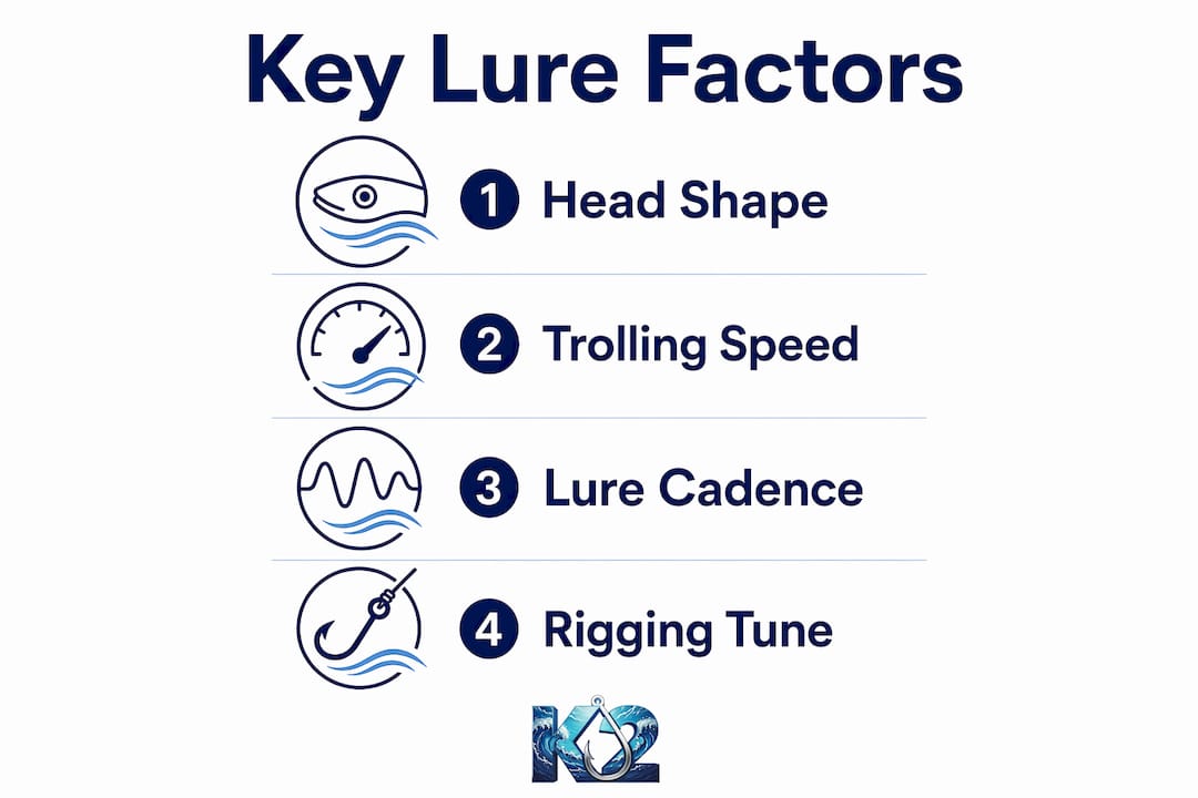 Infographic illustrating key factors influencing trolling lure action