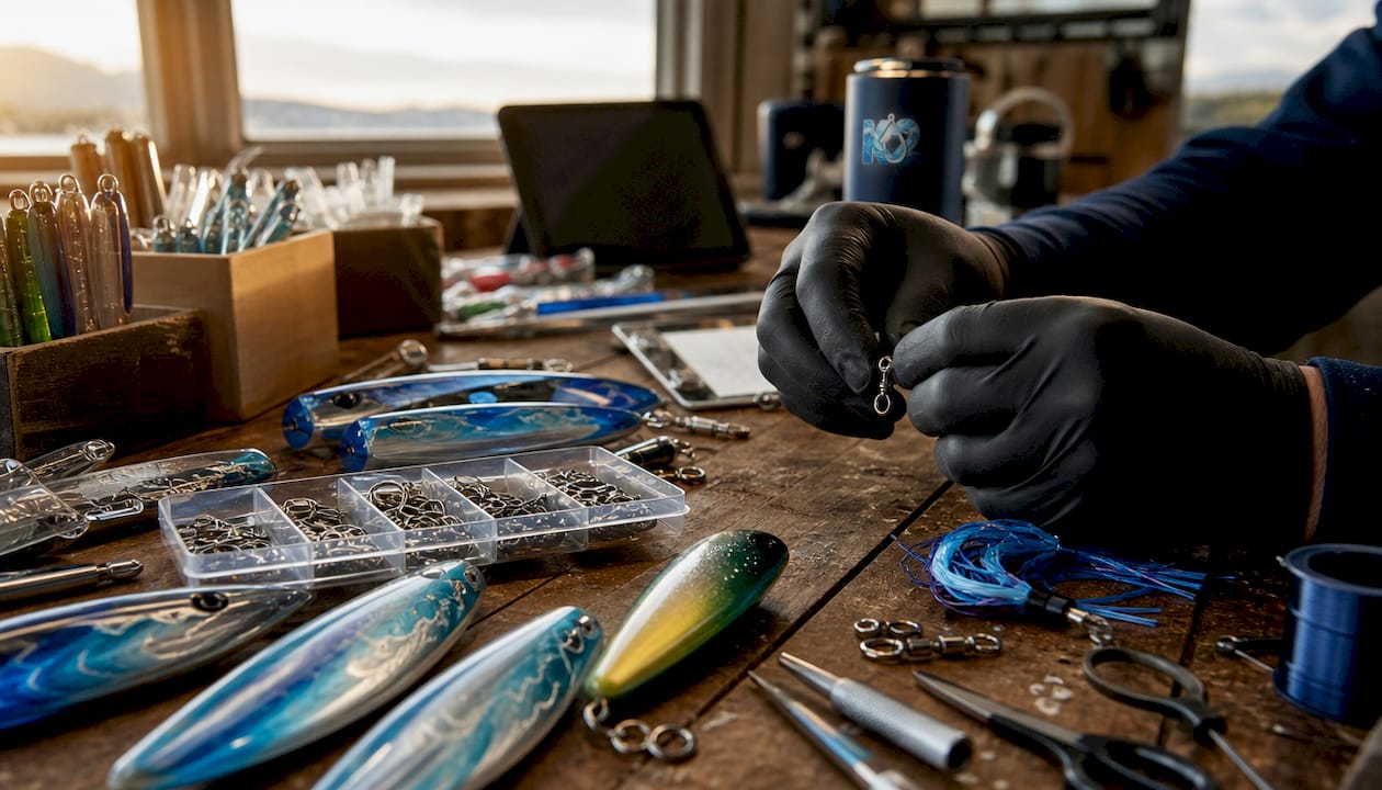 Hands inspecting offshore lure rigging components