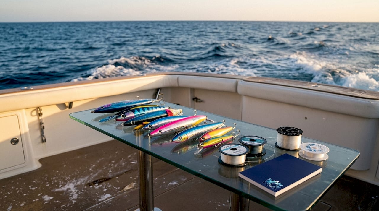 Array of professional offshore trolling lures on boat table