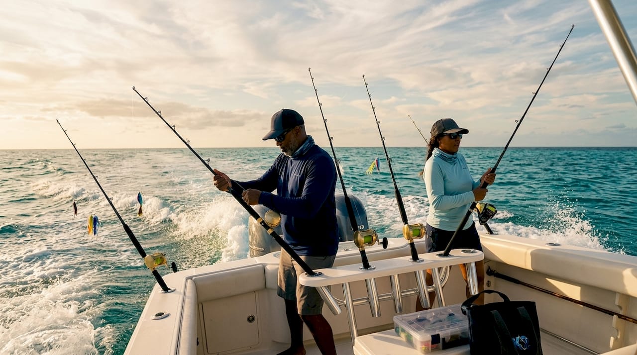Group trolling from fast-moving offshore fishing boat