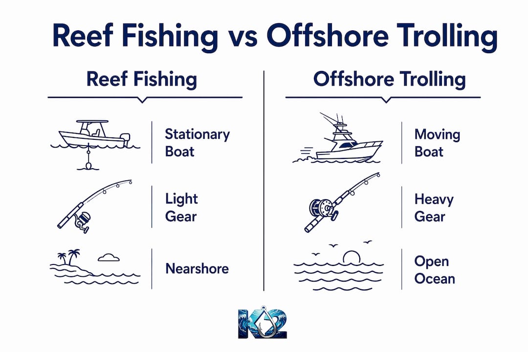 Infographic comparing reef fishing and offshore trolling