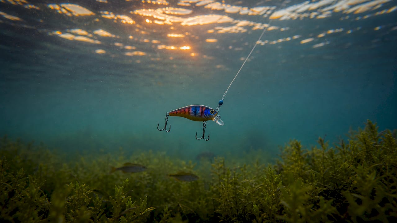 Fishing lure positioned in narrow strike zone underwater
