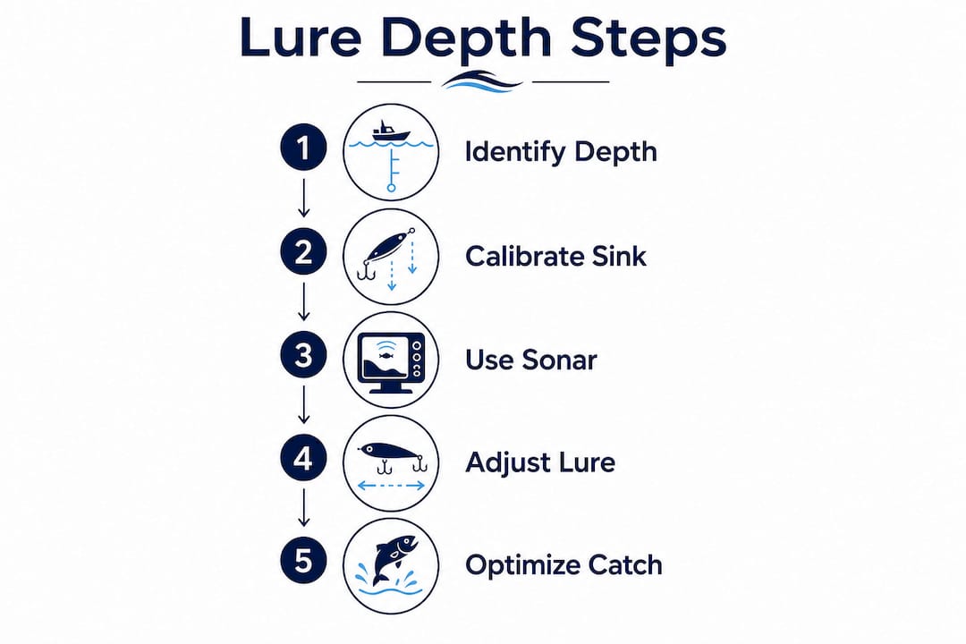 Infographic showing steps for optimizing lure depth in fishing