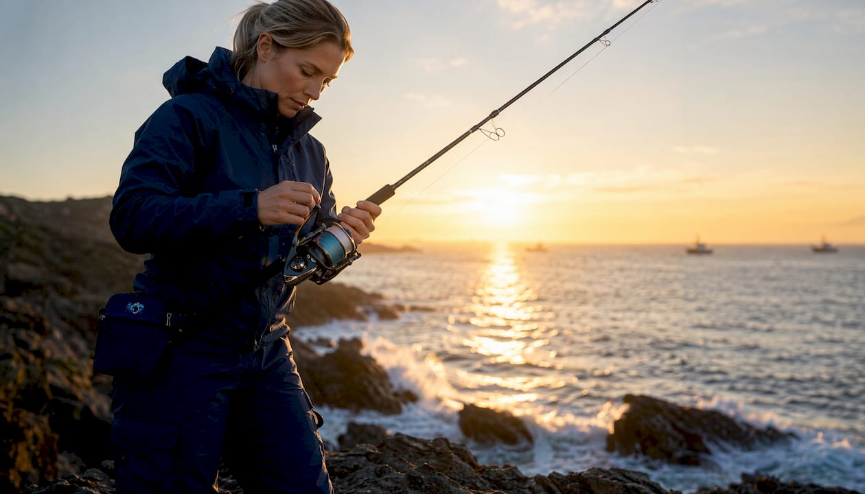 Hands attaching fishing reel to rod at twilight