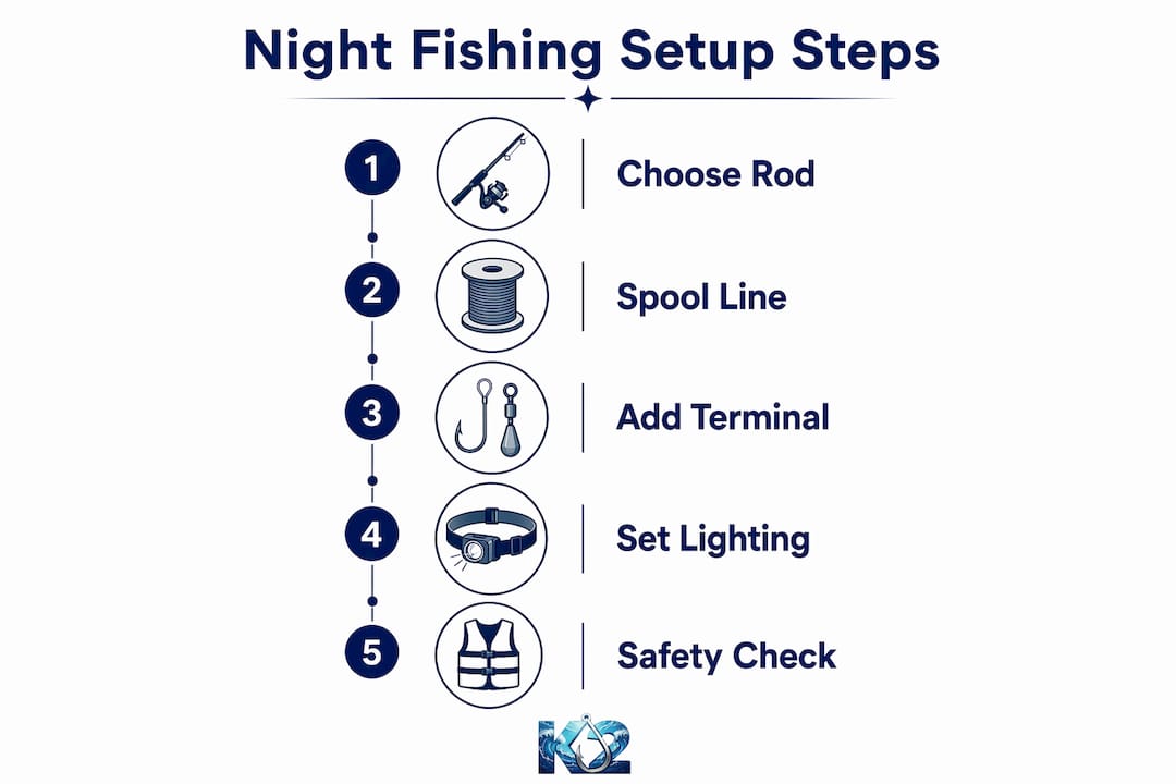 Infographic illustrating step-by-step night fishing setup