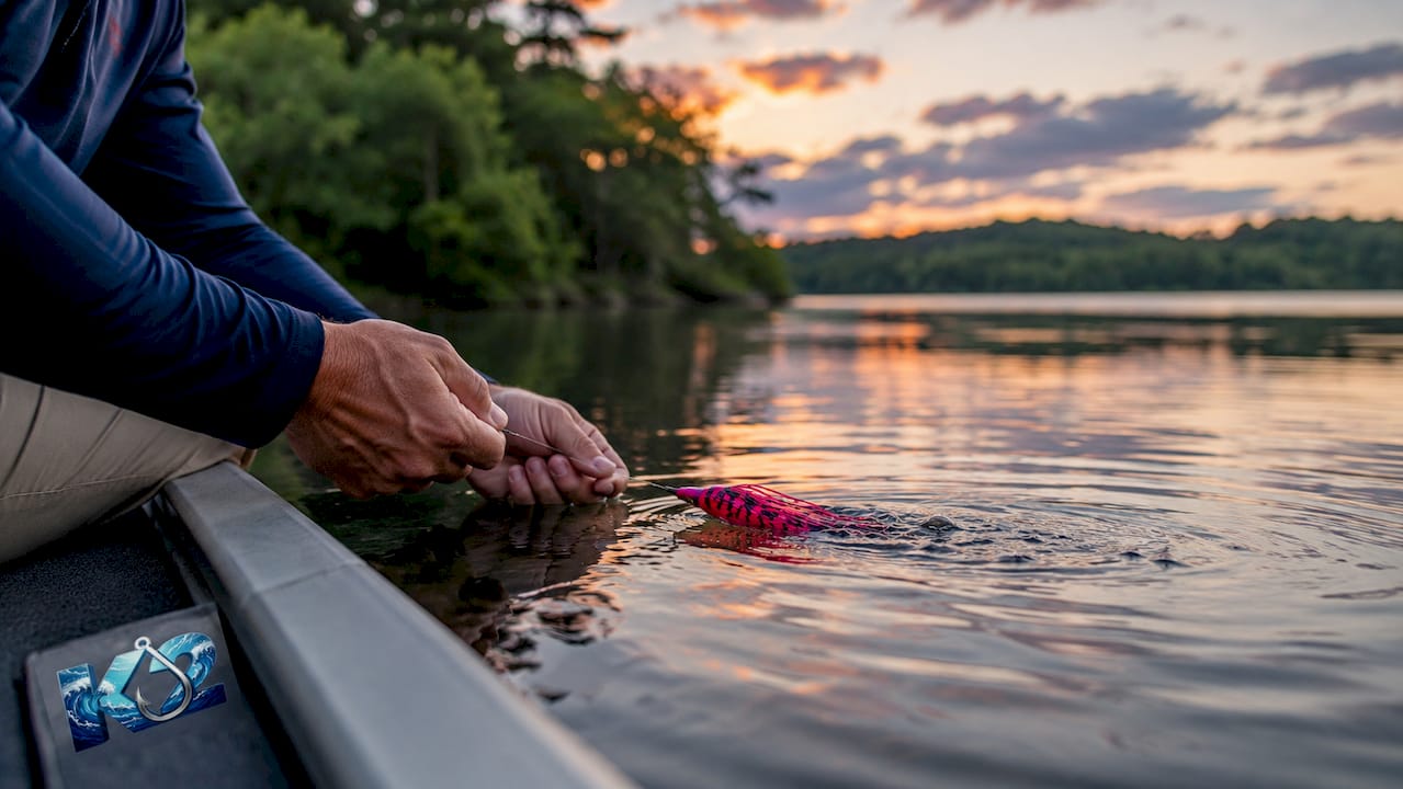 Close-up hands testing fishing lure action on water