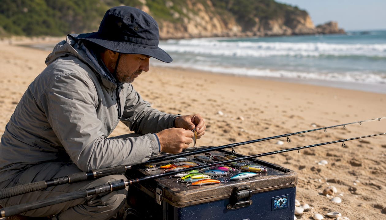 Man prepping deep sea fishing rods on boat deck
