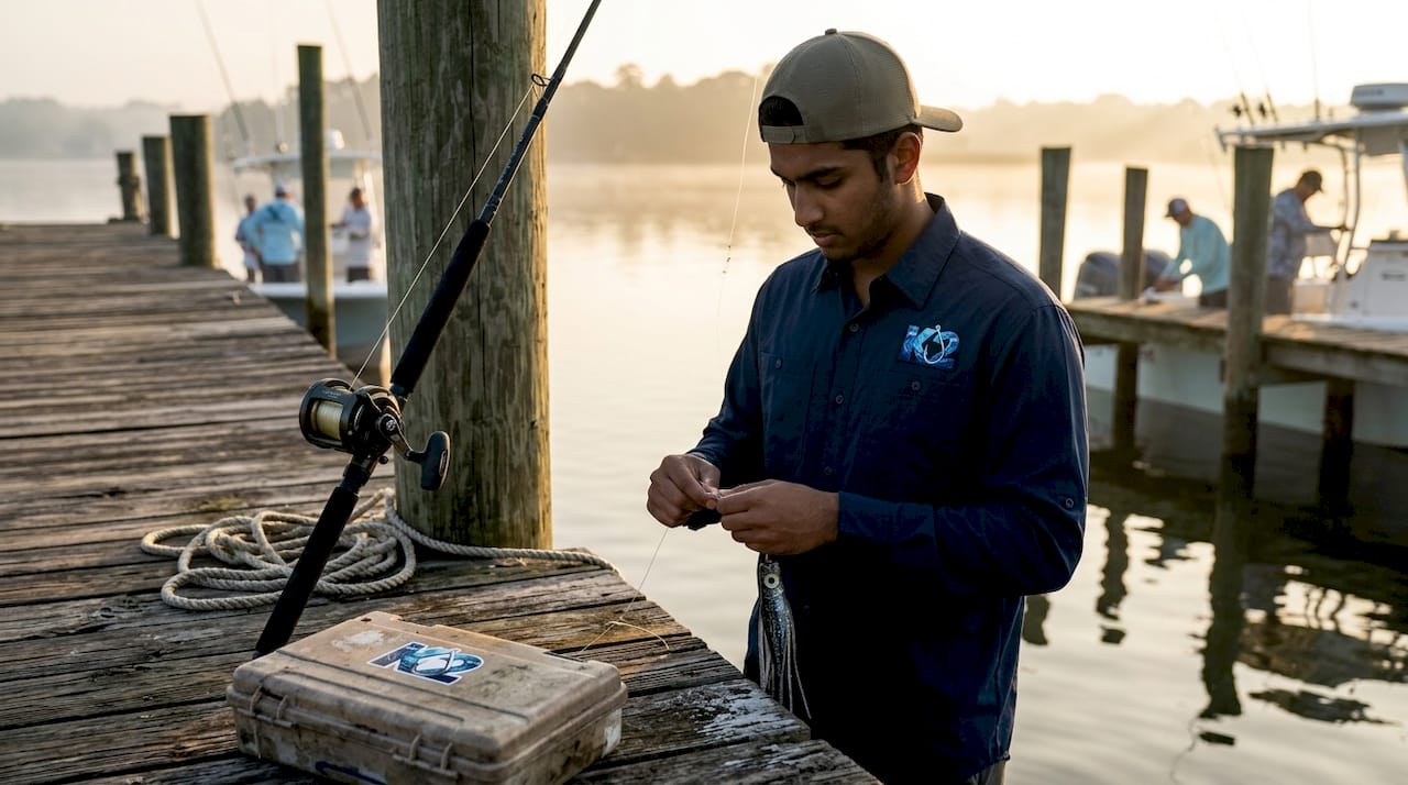 Hands tying fishing knot on offshore fishing boat