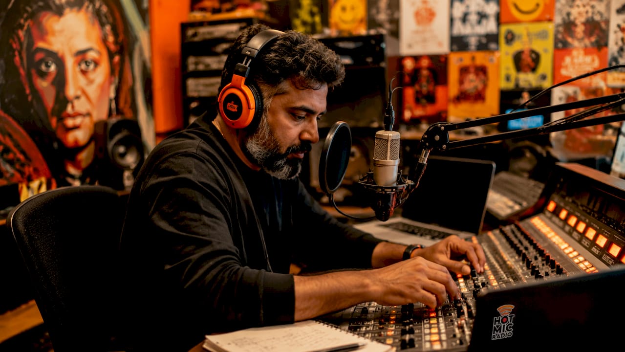 College radio DJ adjusting mixing desk