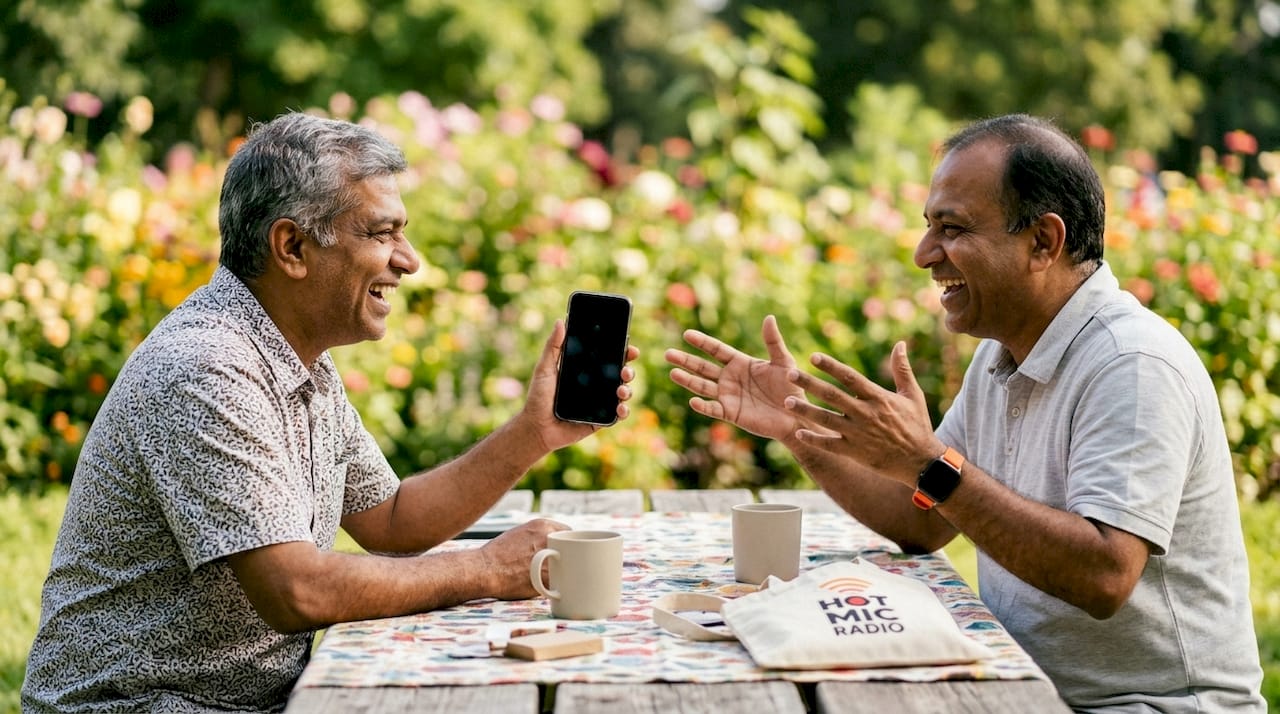 Two men discussing world music in café