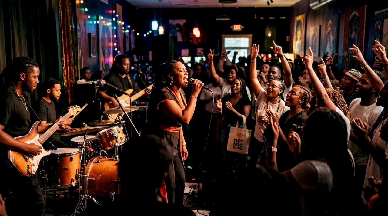 Live gospel fusion concert with diverse crowd