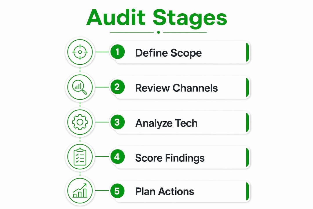 Infographic illustrating five stages of digital marketing audit