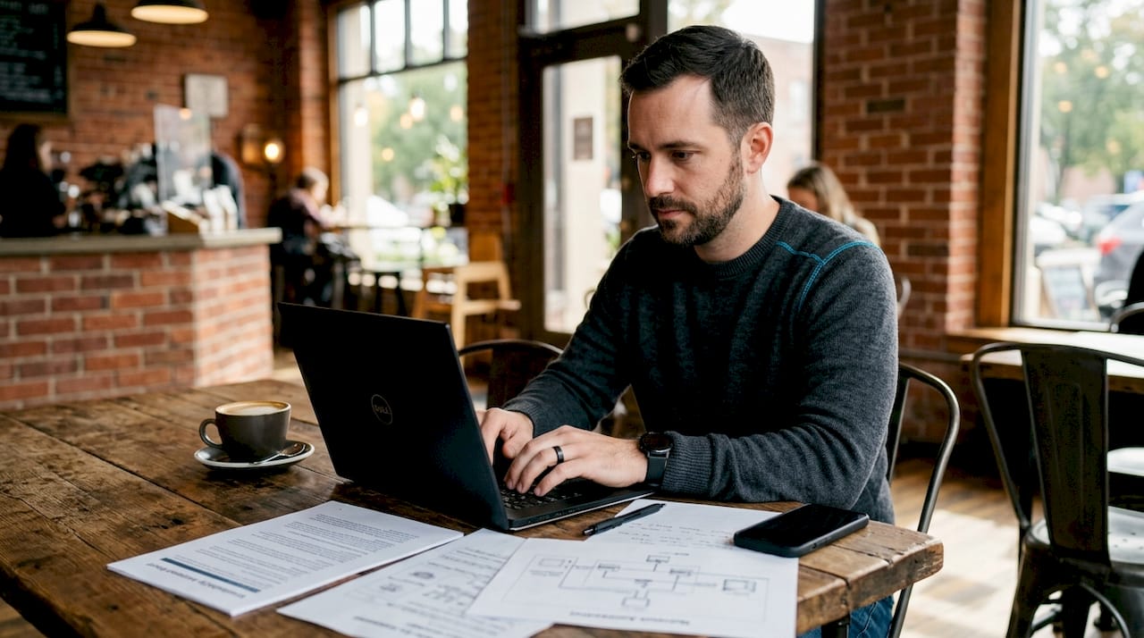 Hands typing on laptop with vulnerability report on table