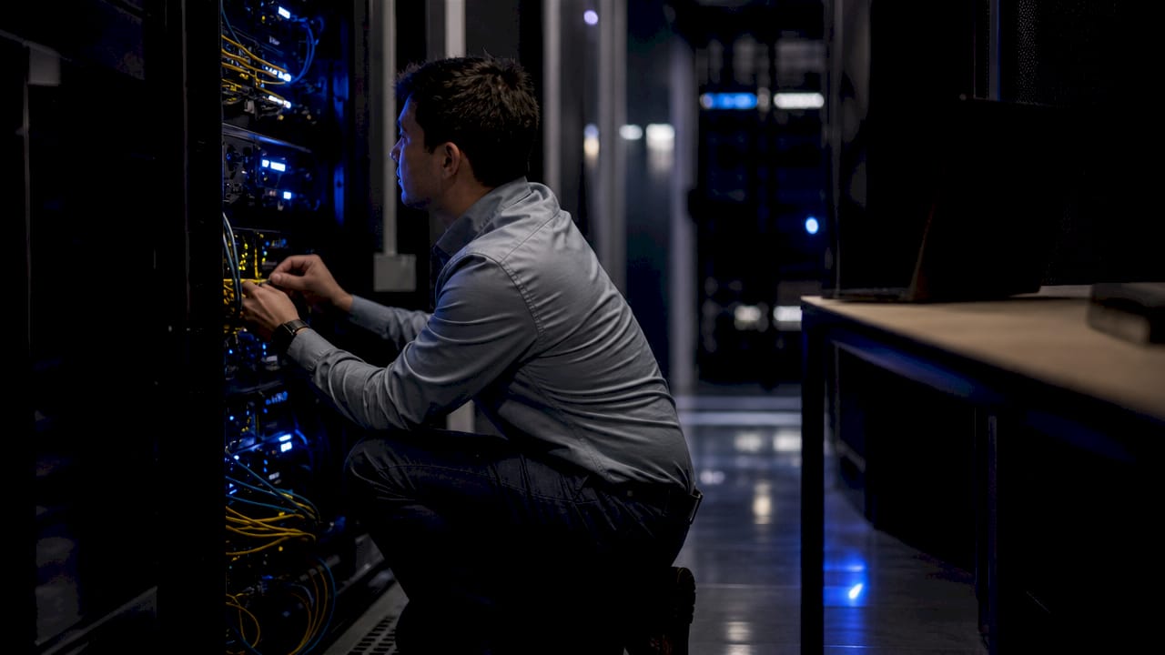 IT engineer connecting network cables in data center