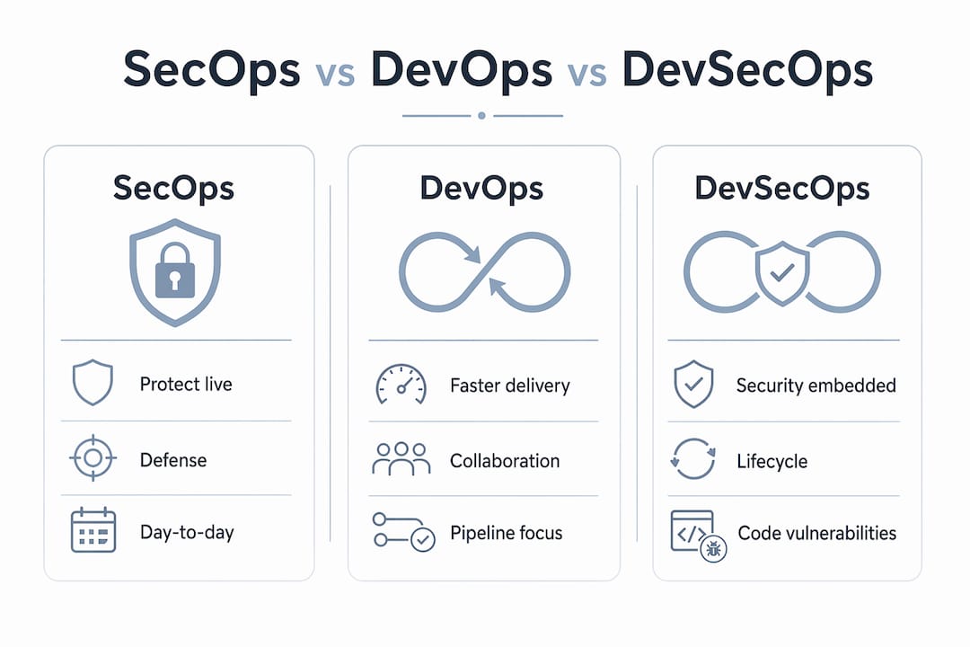 Infographic comparing SecOps, DevOps, and DevSecOps
