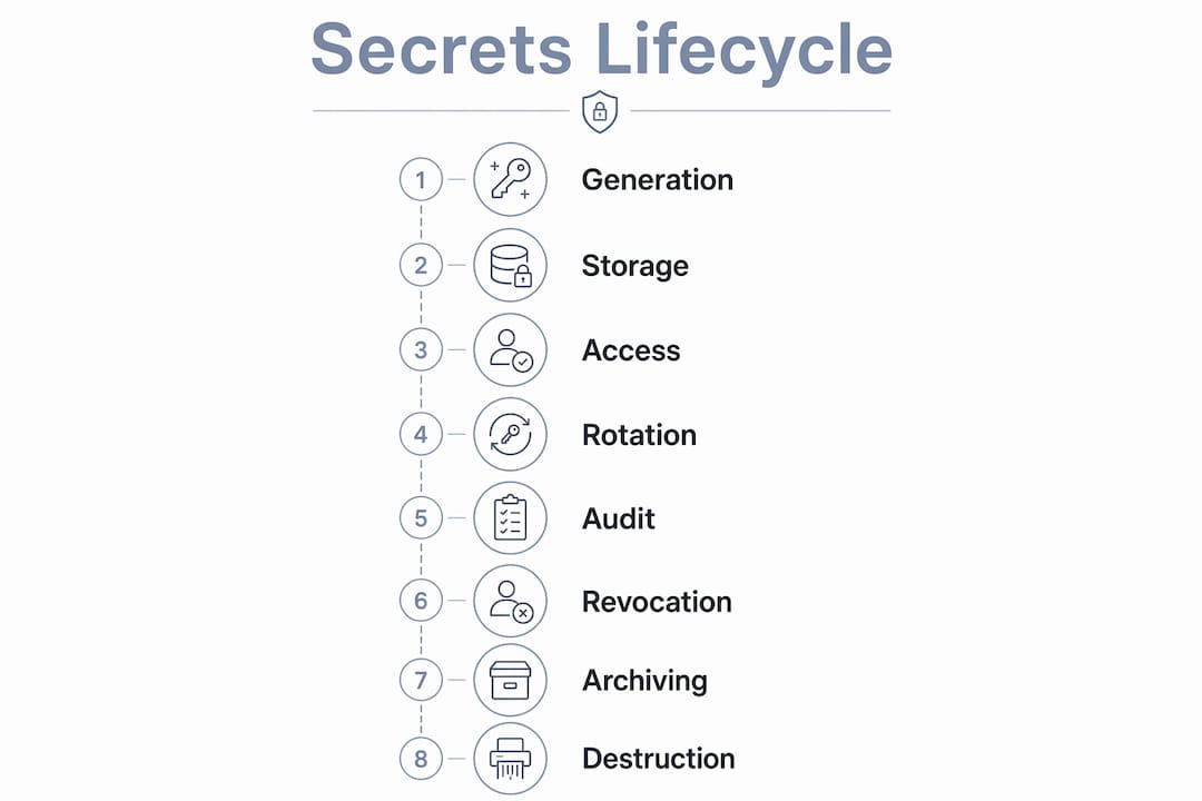 Infographic illustrating eight-stage secrets management lifecycle