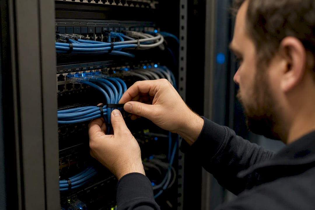 Hands labeling network cables in server room
