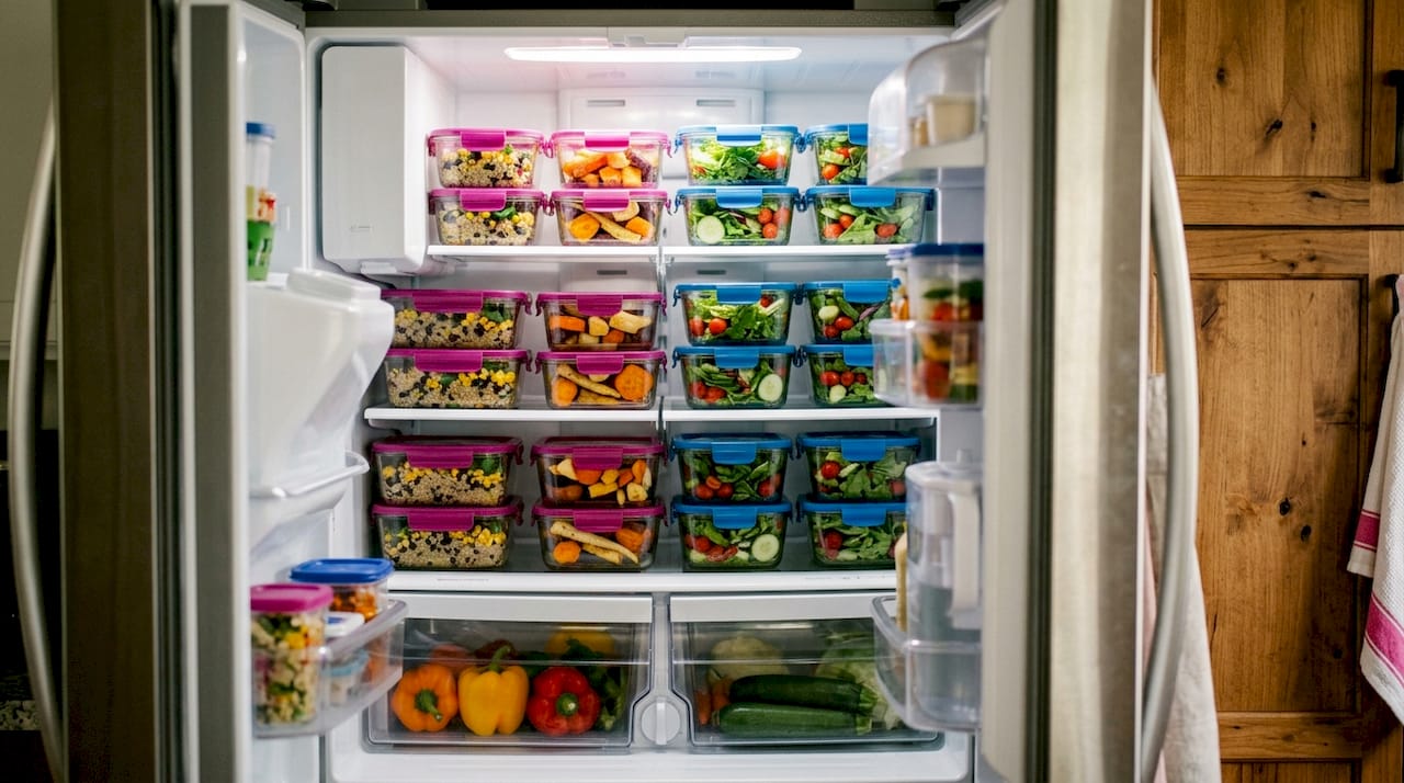 Organized fridge with healthy meal prep containers