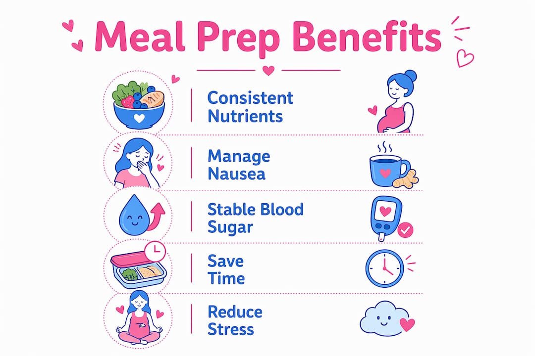 Infographic outlining key benefits of meal prepping during pregnancy