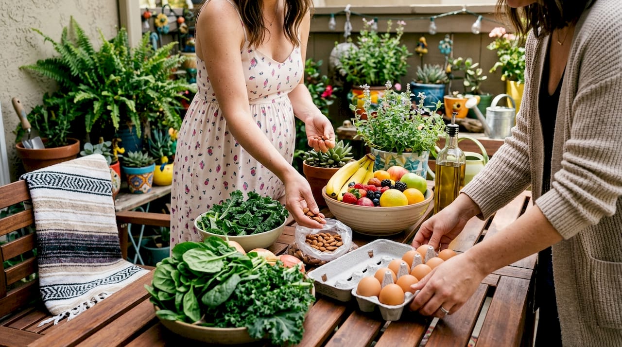 Close-up healthy foods on kitchen counter for pregnancy
