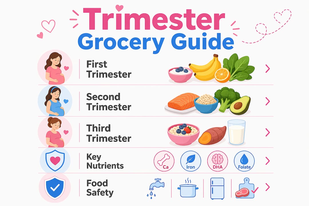 Infographic outlining trimester grocery shopping guide