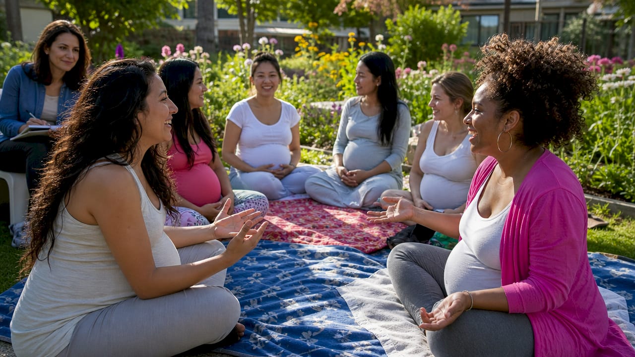 Pregnant women sharing affirmations in prenatal group