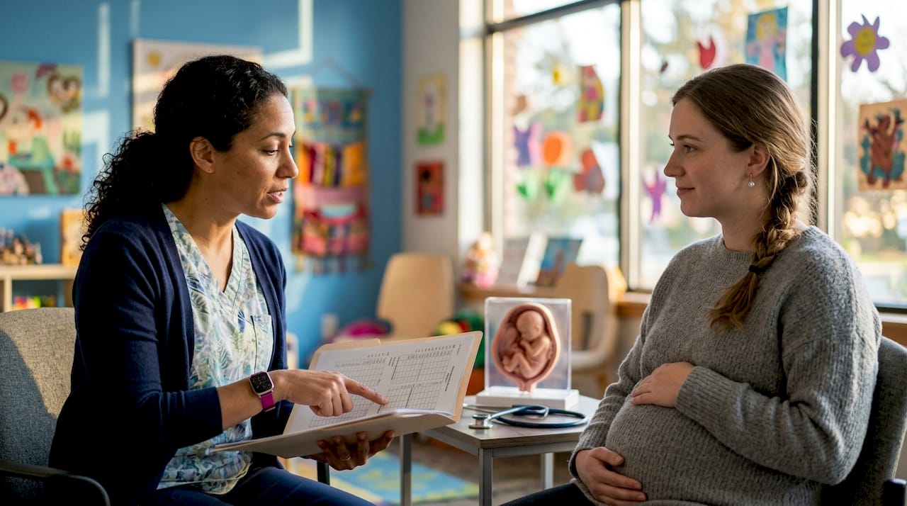 Doctor advising pregnant patient on weight gain