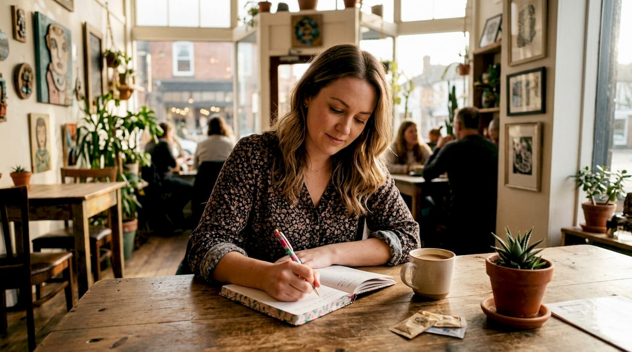 Woman journaling pregnancy symptoms at kitchen table