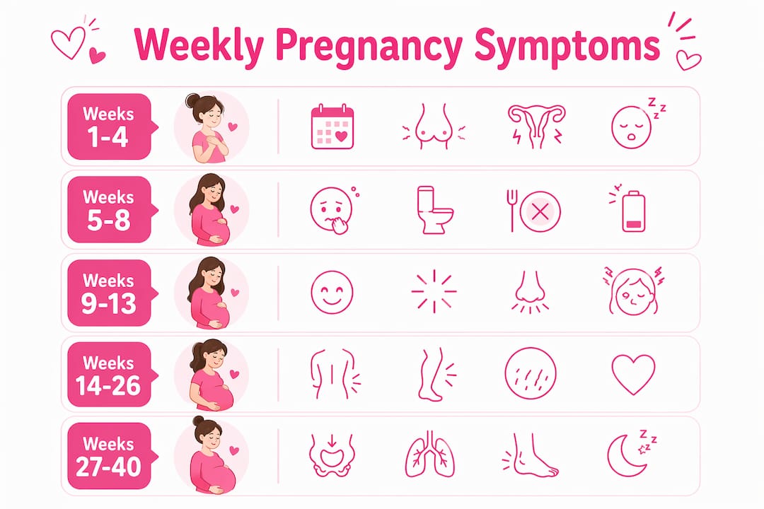 Infographic depicting weekly pregnancy symptom progression