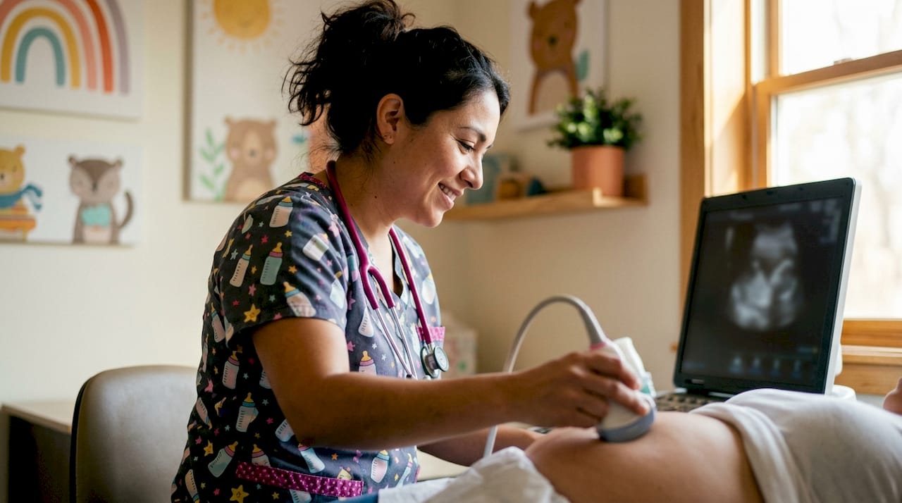Technician performing fetal ultrasound in clinic